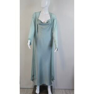 Women Sage Green Satin Cowl Neck Slip Dress and Mesh Duster Set Large